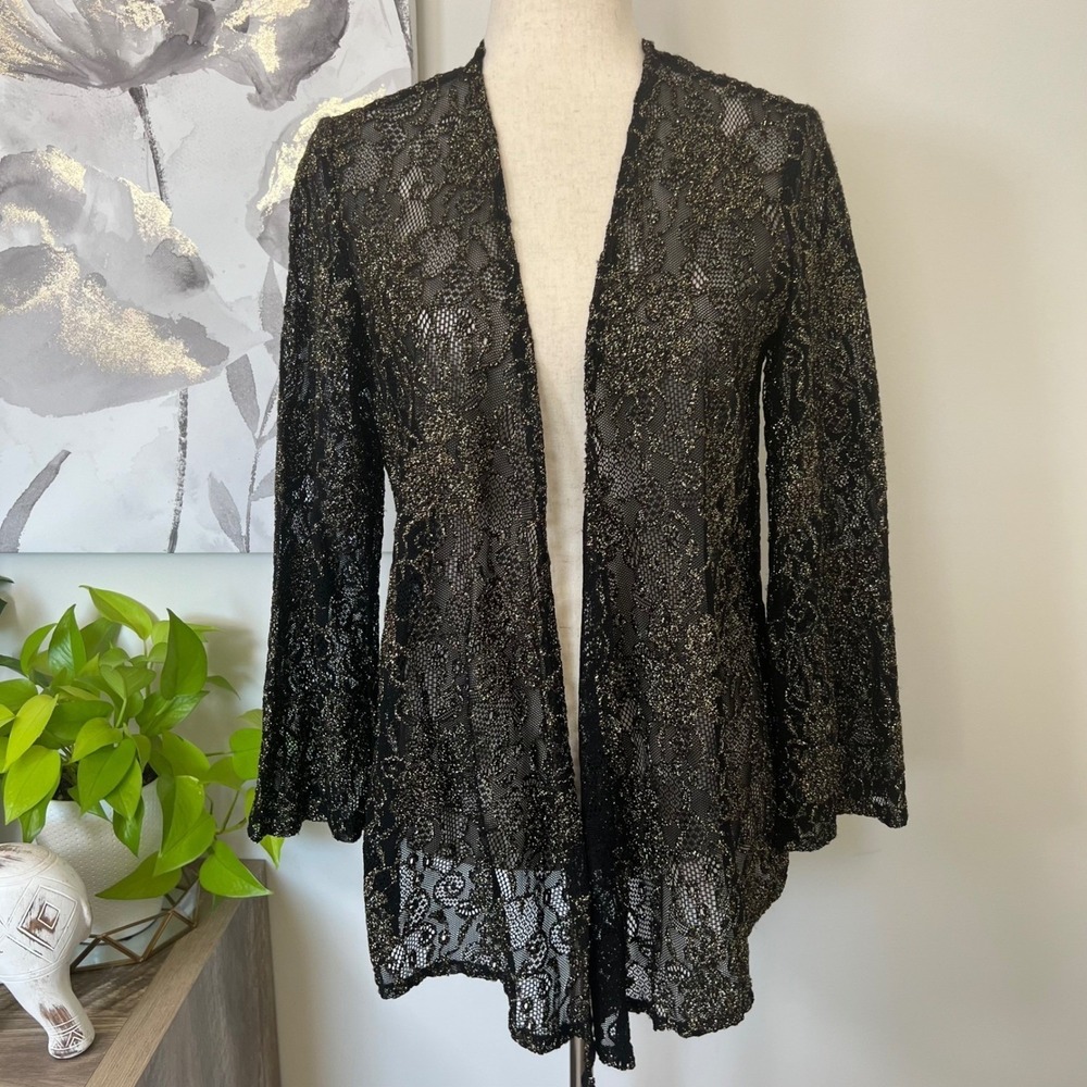 Black Metallic Floral Lace Open Front Cardigan‎ Dark Fairy Whimsigoth Romantic